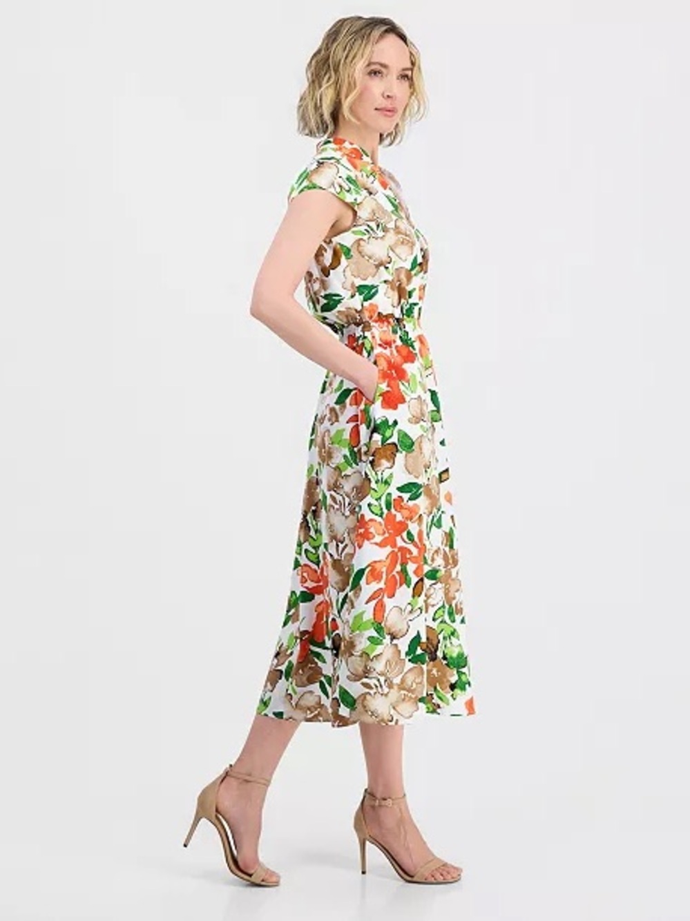 Kasper Floral Cap-Sleeve Midi Dress in White, Green & Orange